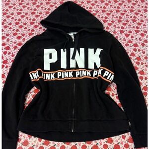 Victoria's Secret PINK Black Full Zip Hoodie Logo Tape Sweatshirt Large
 c3